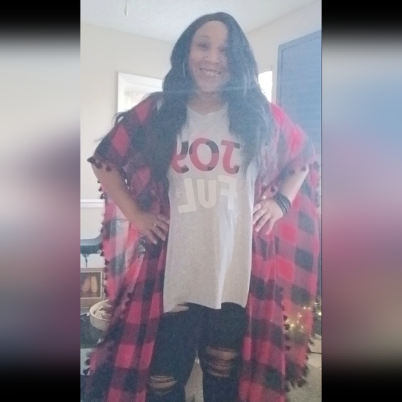 Upcycled Joyful Gray and Red Plaid Tshirt/Poncho - Picture 5 of 5